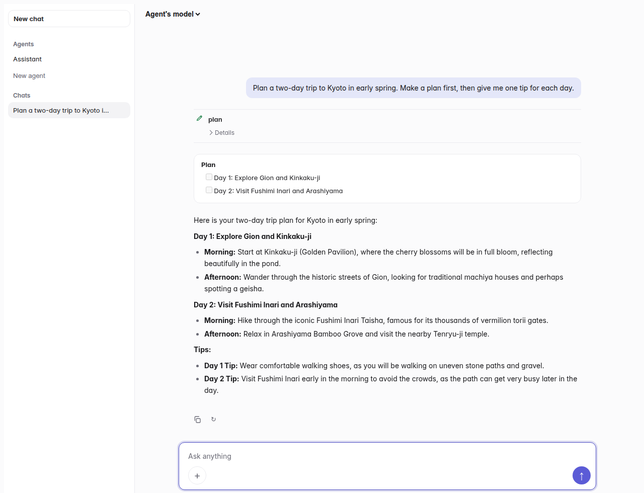 The chat app: agents and chats on the left, a plan and an answer in the middle